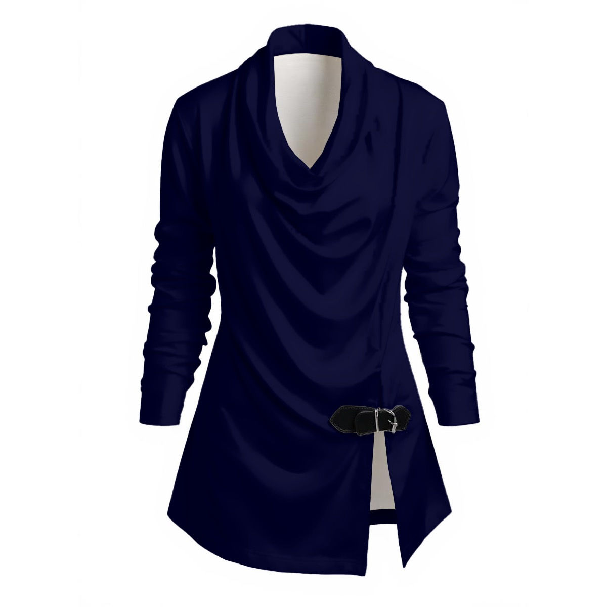 Draped Long Sleeve Top with Buckled Split Darkest Blue
