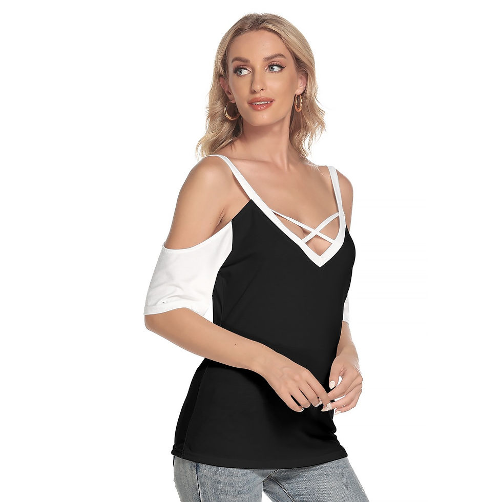 Thumbnail: Open Shoulder Cross Low V-Neckline T-shirt Black & White