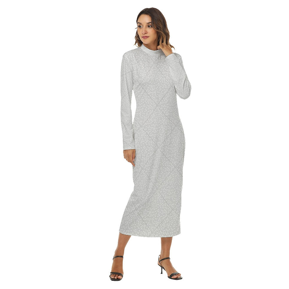 Thumbnail: Mock Neck Long Sleeve Dress White & Grey Butterfly Print
