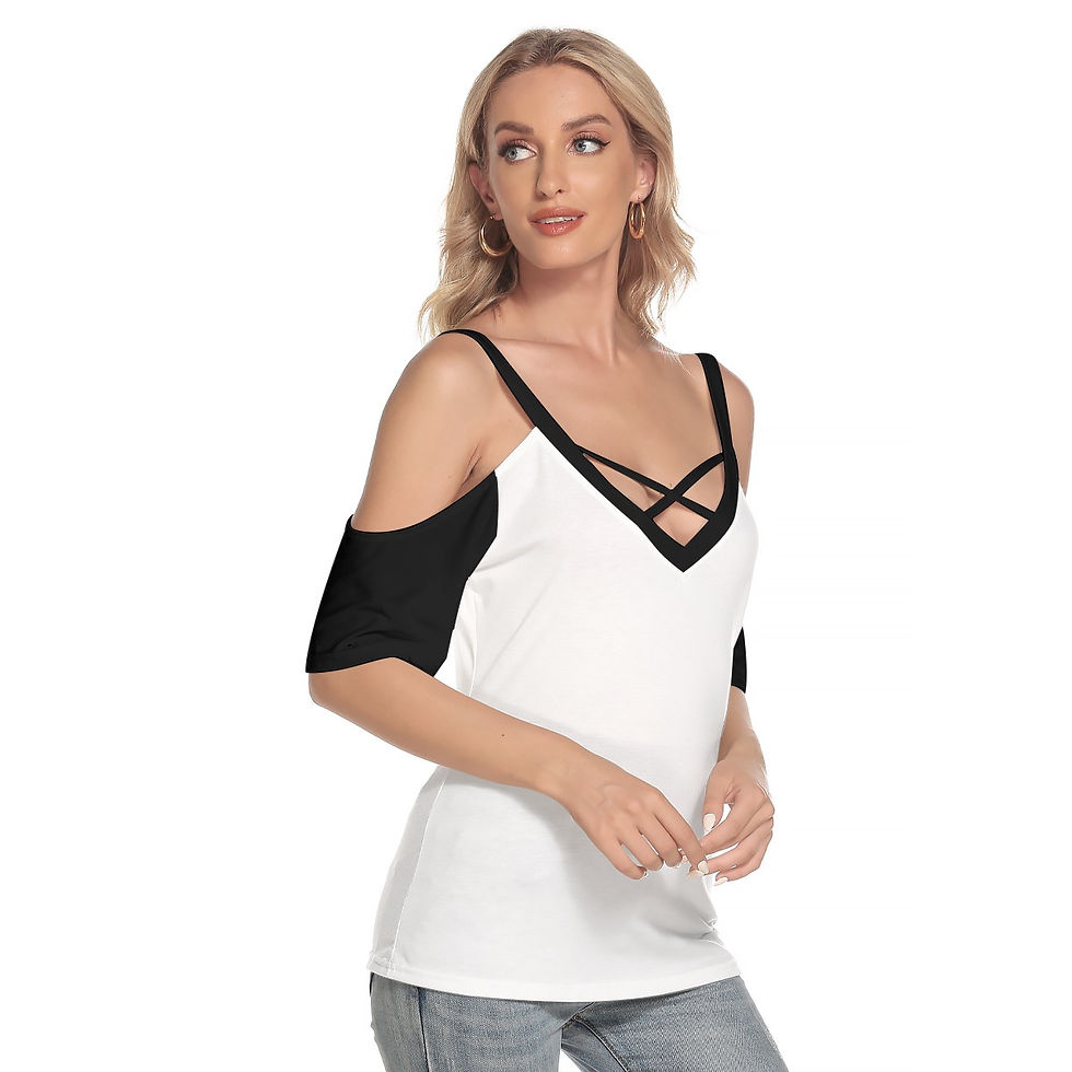 Thumbnail: Open Shoulder Cross Low V-Neckline T-shirt White & Black
