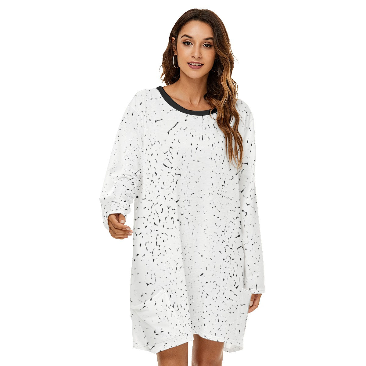 Loose Crew Neck Long Sleeve Dress White & Black Abstract Texture
