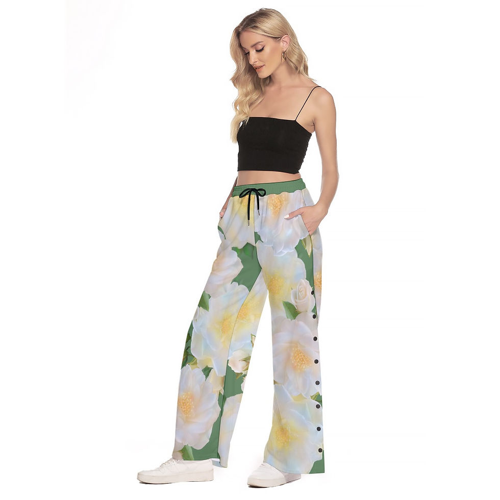 Thumbnail: Side Slit Snap Button Trousers White Roses Garden Green