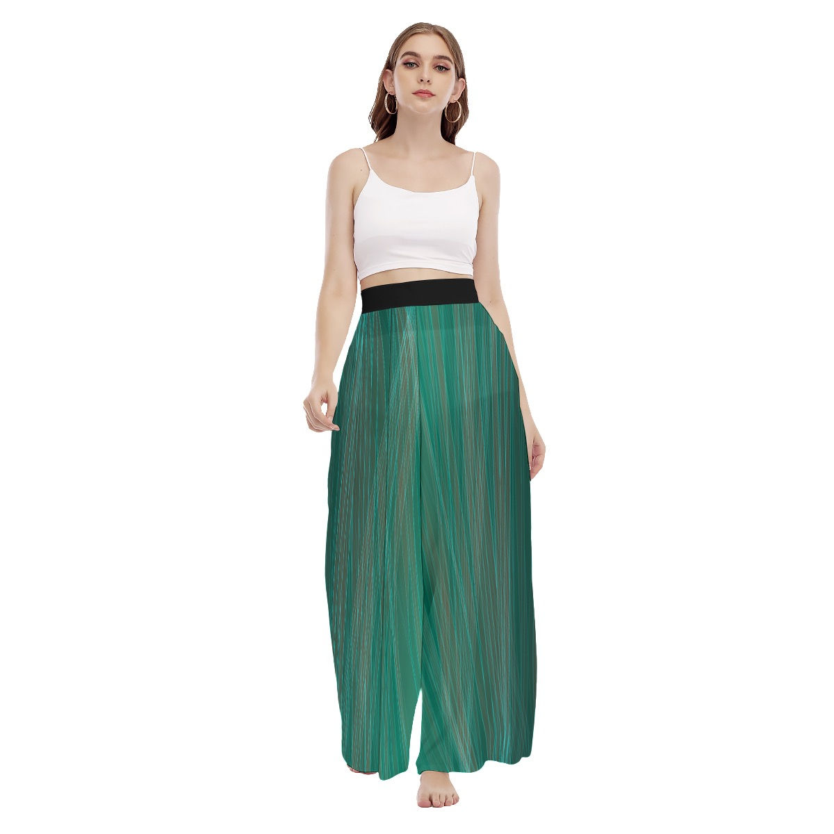 High Waist Wide Leg Trousers Emerald Abstract Lines