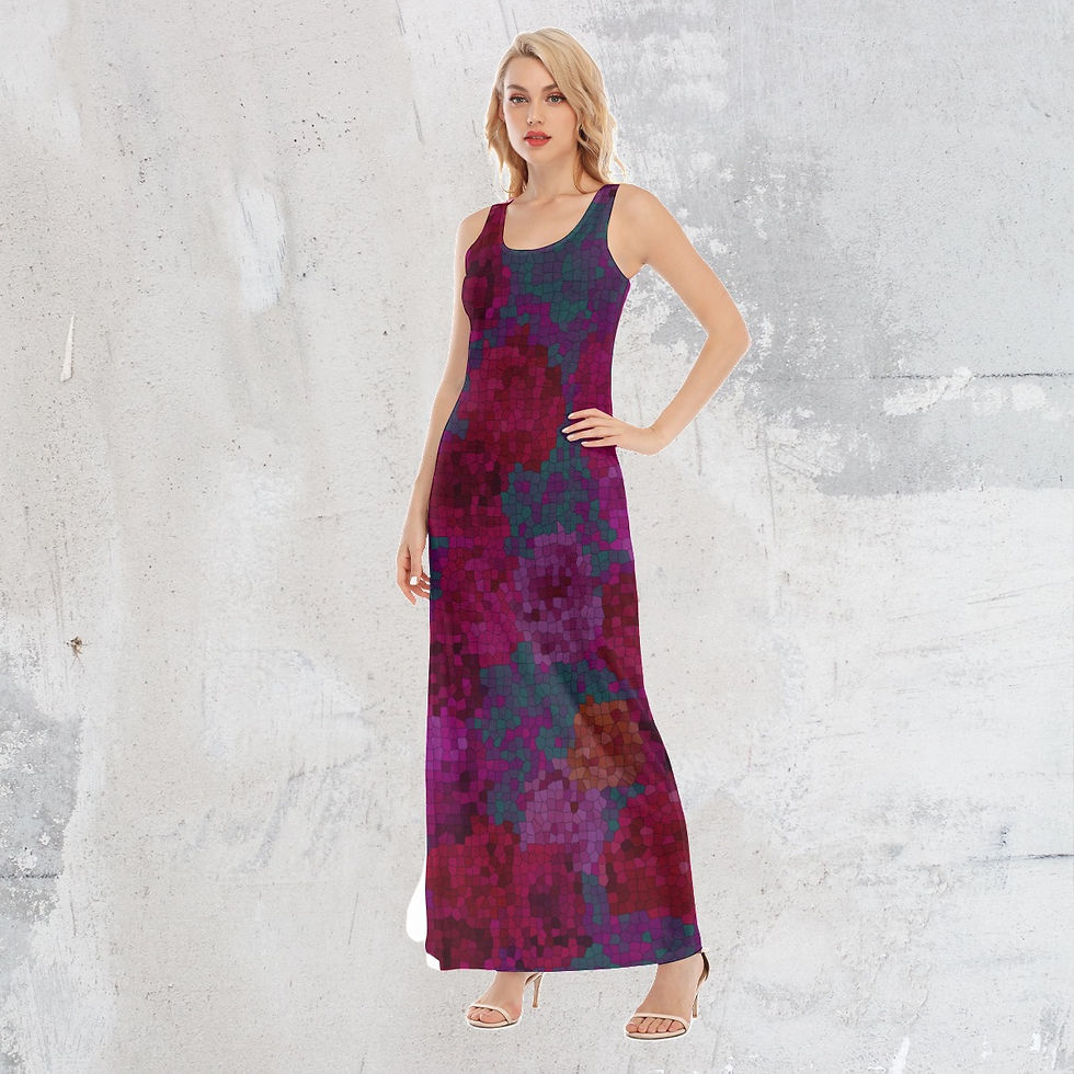 Thumbnail: Ankle Length Tank Dress Abstract Stained Glass Crackle Floral