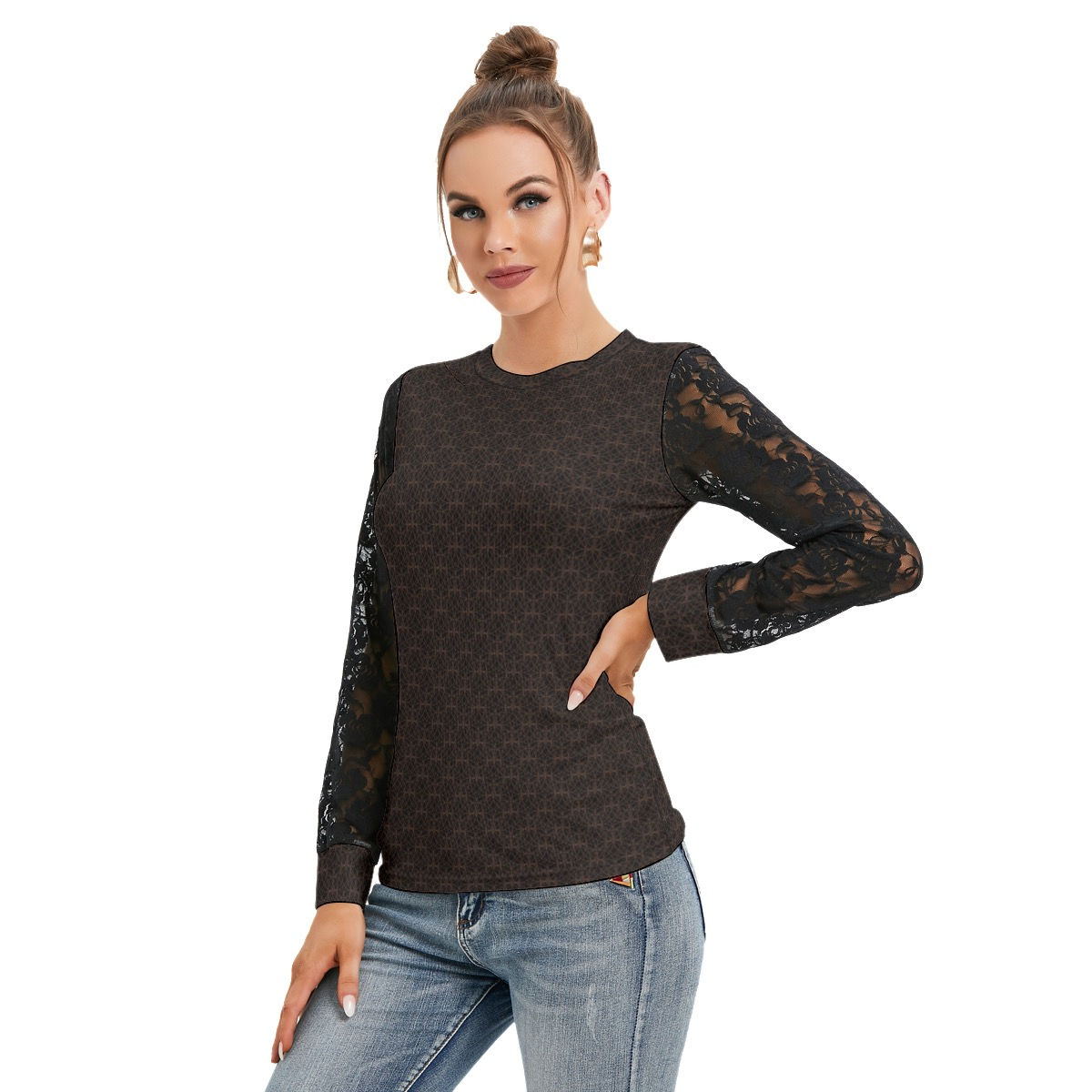 Ladies Long Black Lace Sleeve T-shirt Circle Geo