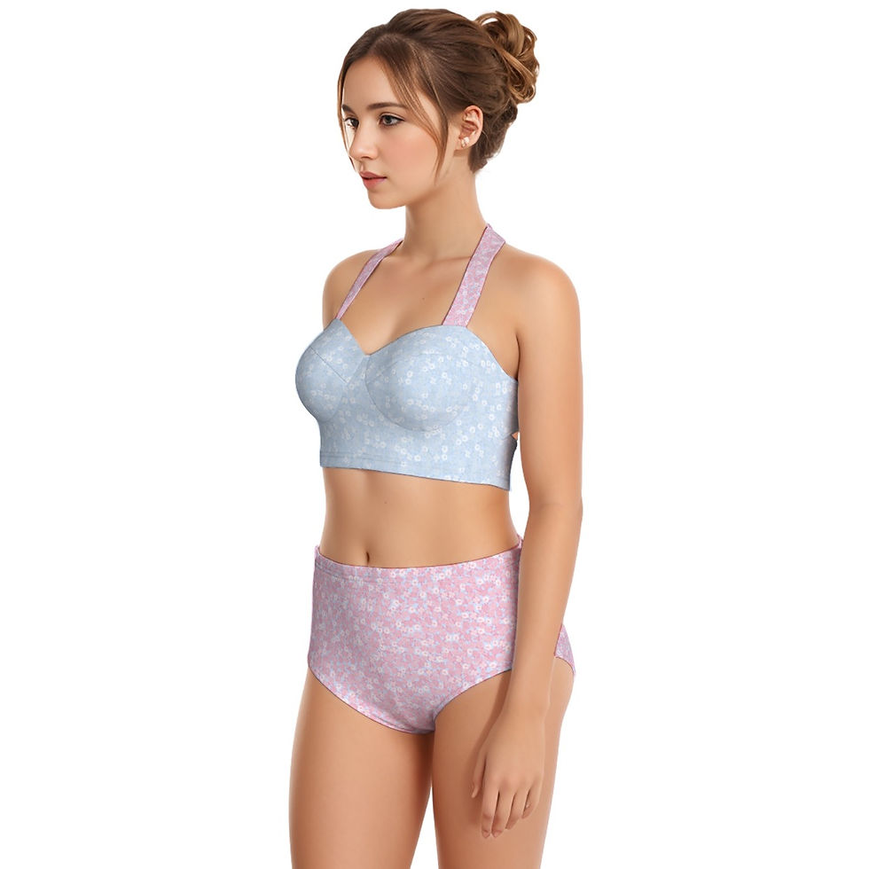 Thumbnail: Halter Tie Bikini Swimsuit Two Piece Blue Pink Flower Print