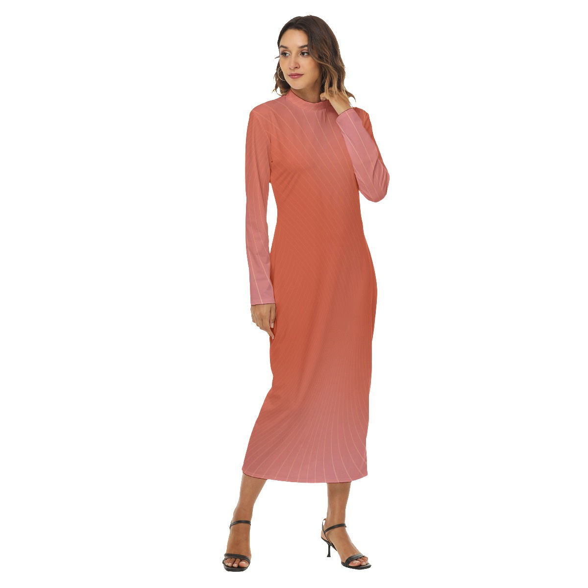 Mock Neck Long Sleeve Dress Coral Curvestripe