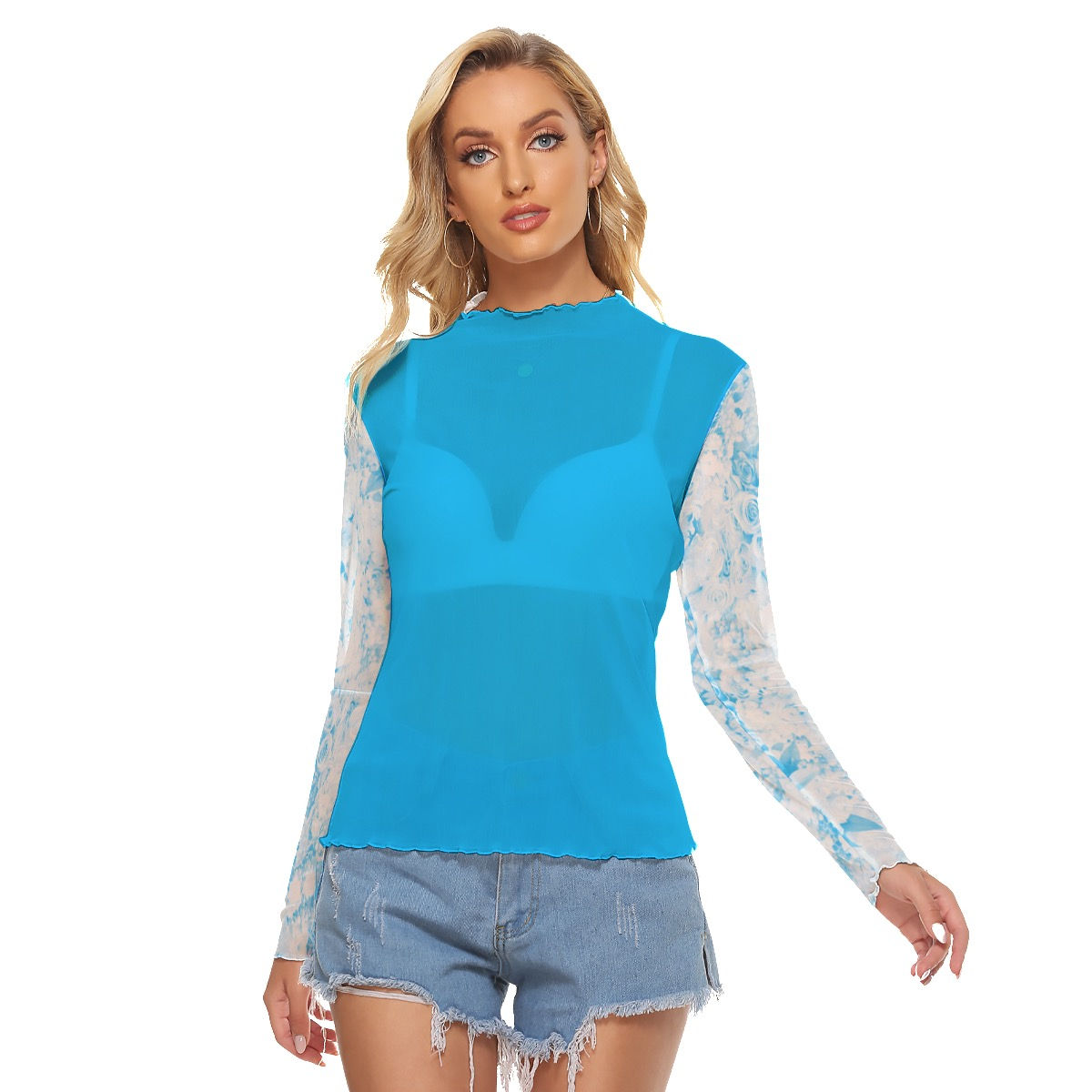 Sheer Mesh Long Sleeve Shirt Ocean Blue Rose Floral