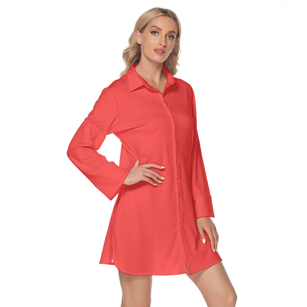 Thumbnail: Button Lapel Shirt Dress Long Sleeves Bright Coral