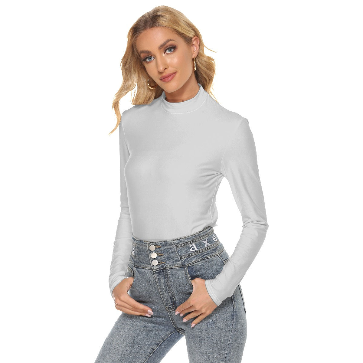 Ladies Stretch Turtleneck Long Sleeve Top Light Grey