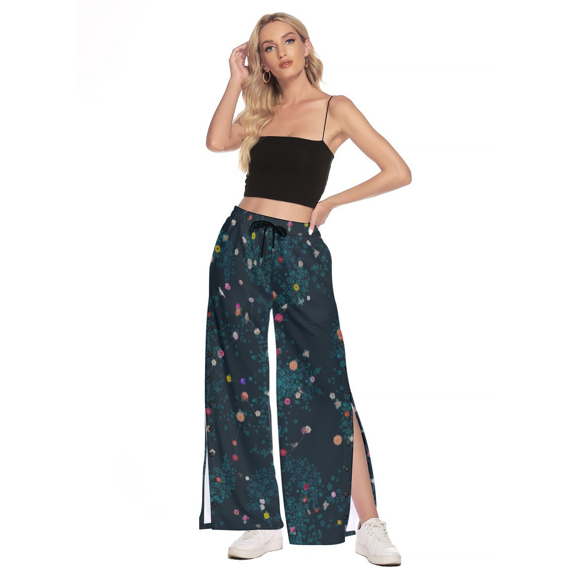 Side Slit Snap Button Trousers Bird Floral Vine Midnight Teal