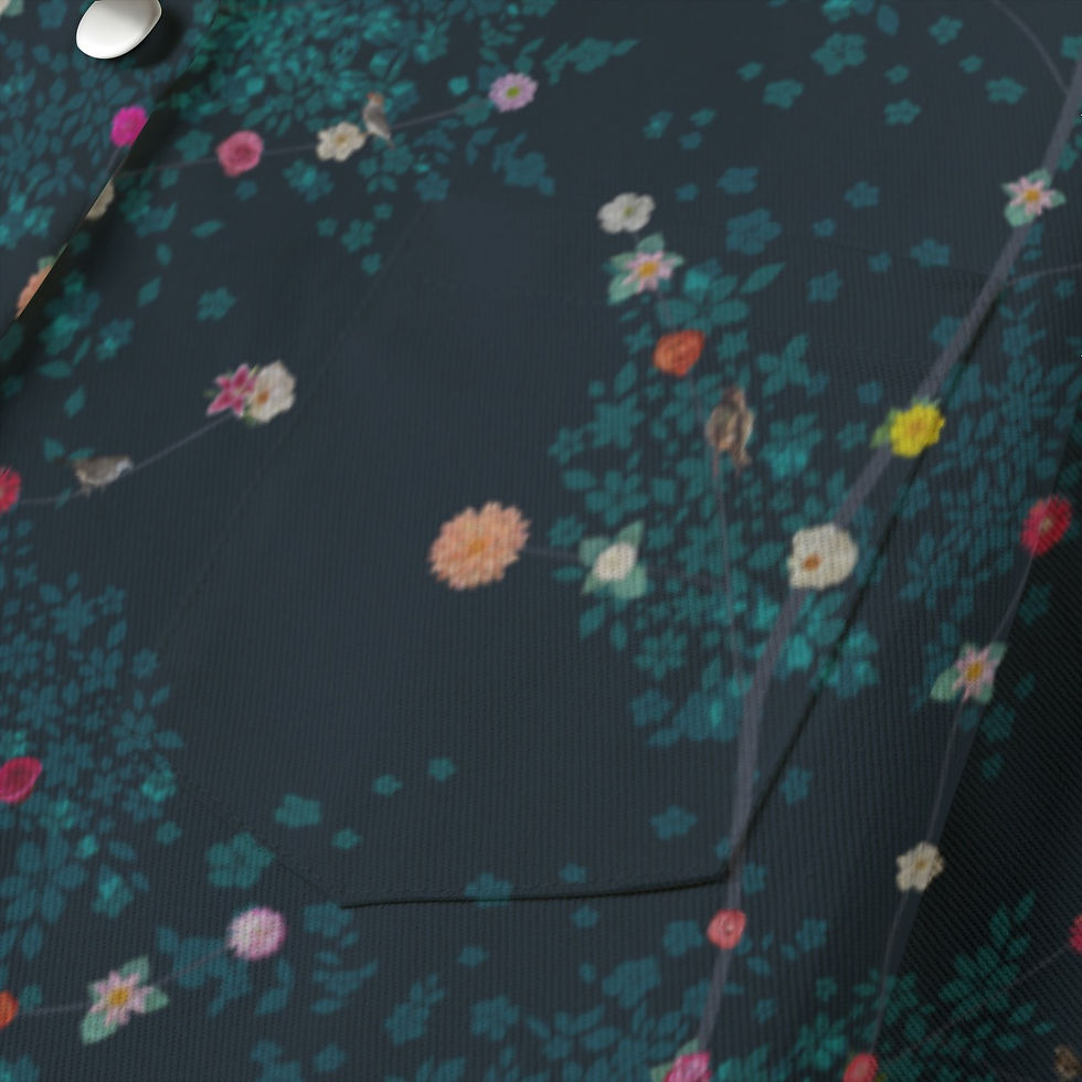 Thumbnail: Ladies Cropped Jacket | 245GSM Cotton Midnight Teal Floral Bird Vines Art