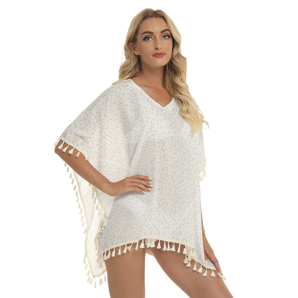 Thumbnail: Women's Square Fringed Shawl White Beige Butterfly Diamond Print