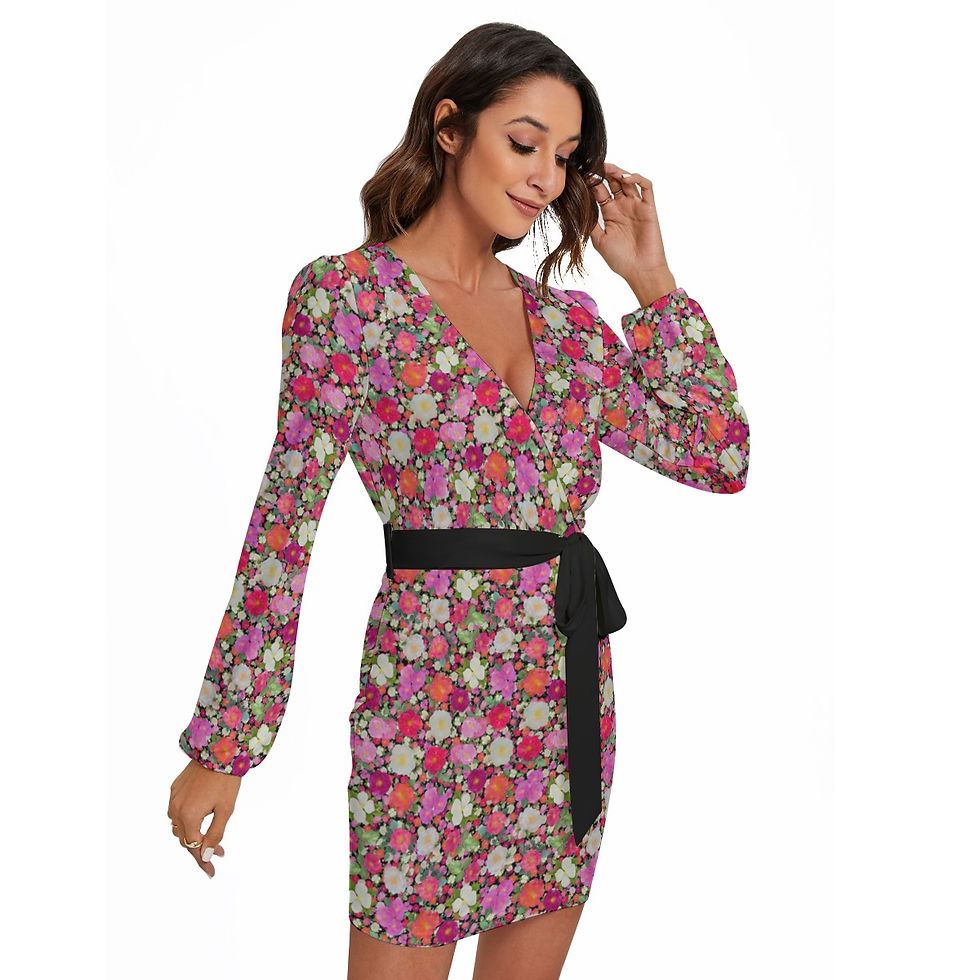 Thumbnail: Long Sleeve Dress with Black Waist Belt Multi Floral