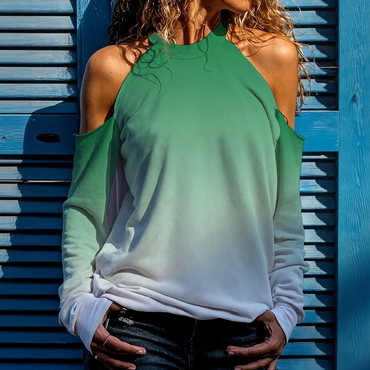 Cold Shoulder Sweatshirt Gradient Glow Emerald