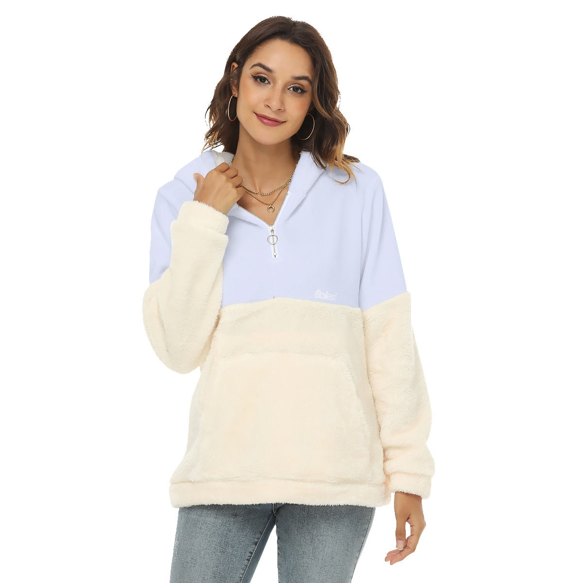 Ladies Zip Collar Borg Fleece Hoodie Lightest Periwinkle Cream
