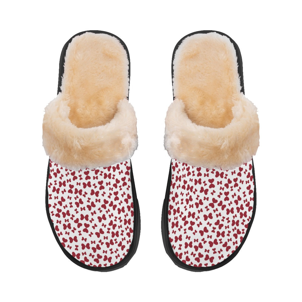 Women's Home Plush Slippers Dark Red & White Butterflies Print