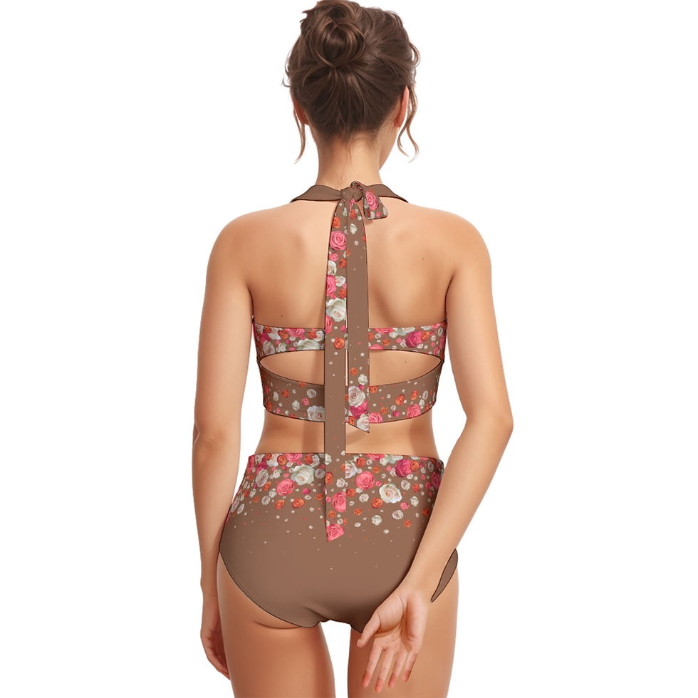 Thumbnail: Bikini Halter Tie Two Piece Swimsuit Roses Print Mocha