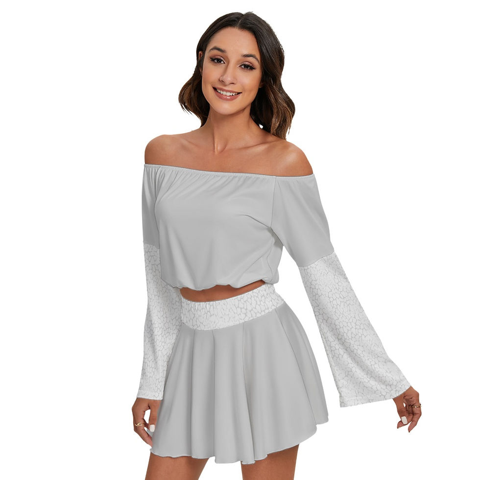 Thumbnail: Off-shoulder Top And Skirt Set Grey White Petal Print