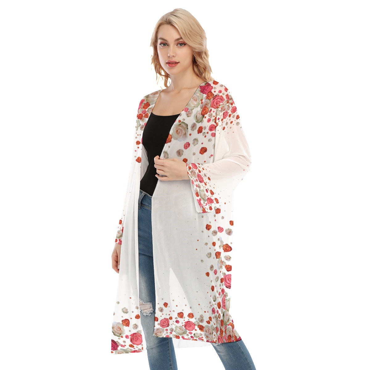 Sheer Mesh Cardigan White & Roses