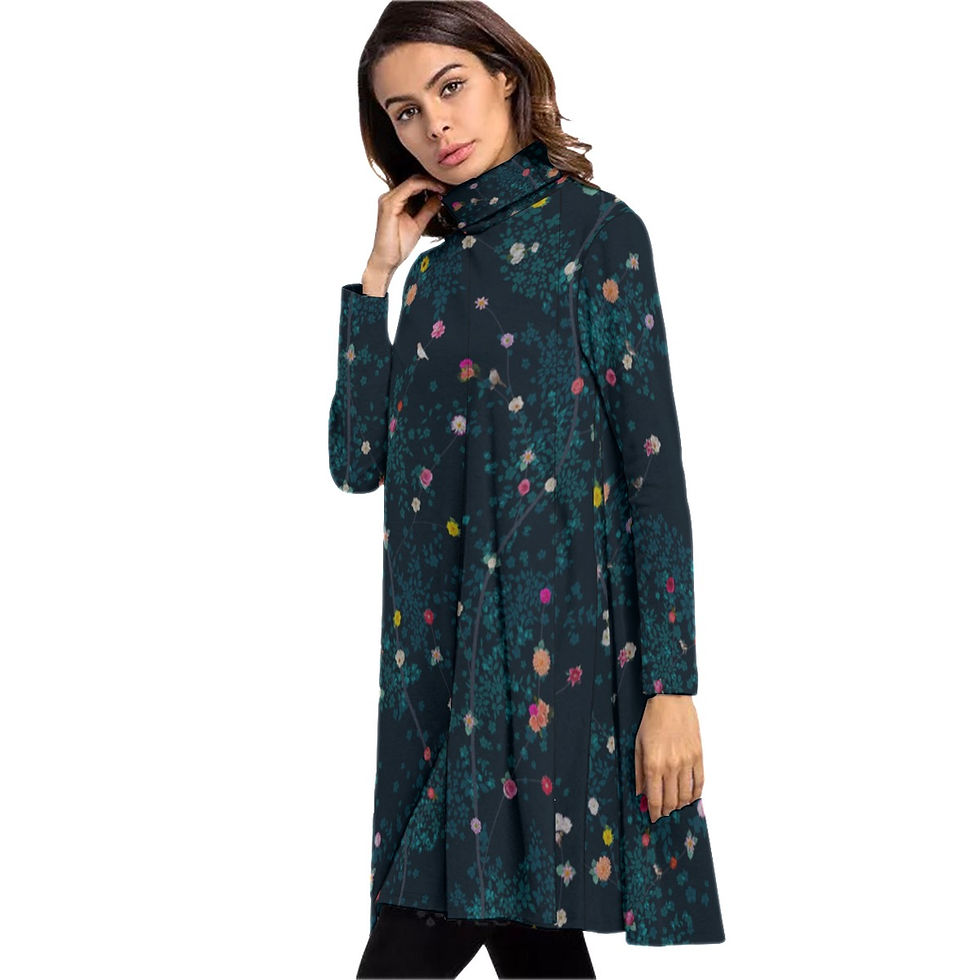 Thumbnail: High Neck Dress with Long Sleeve Midnight Teal Bird Floral