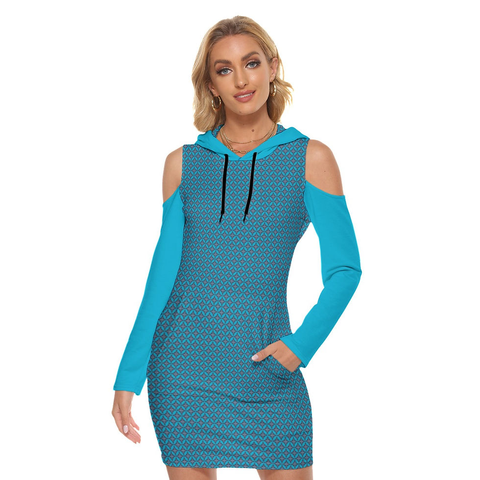 Thumbnail: Open Shoulder Long Sleeve Slim Hoodie Dress Turquoise é Diamond Print