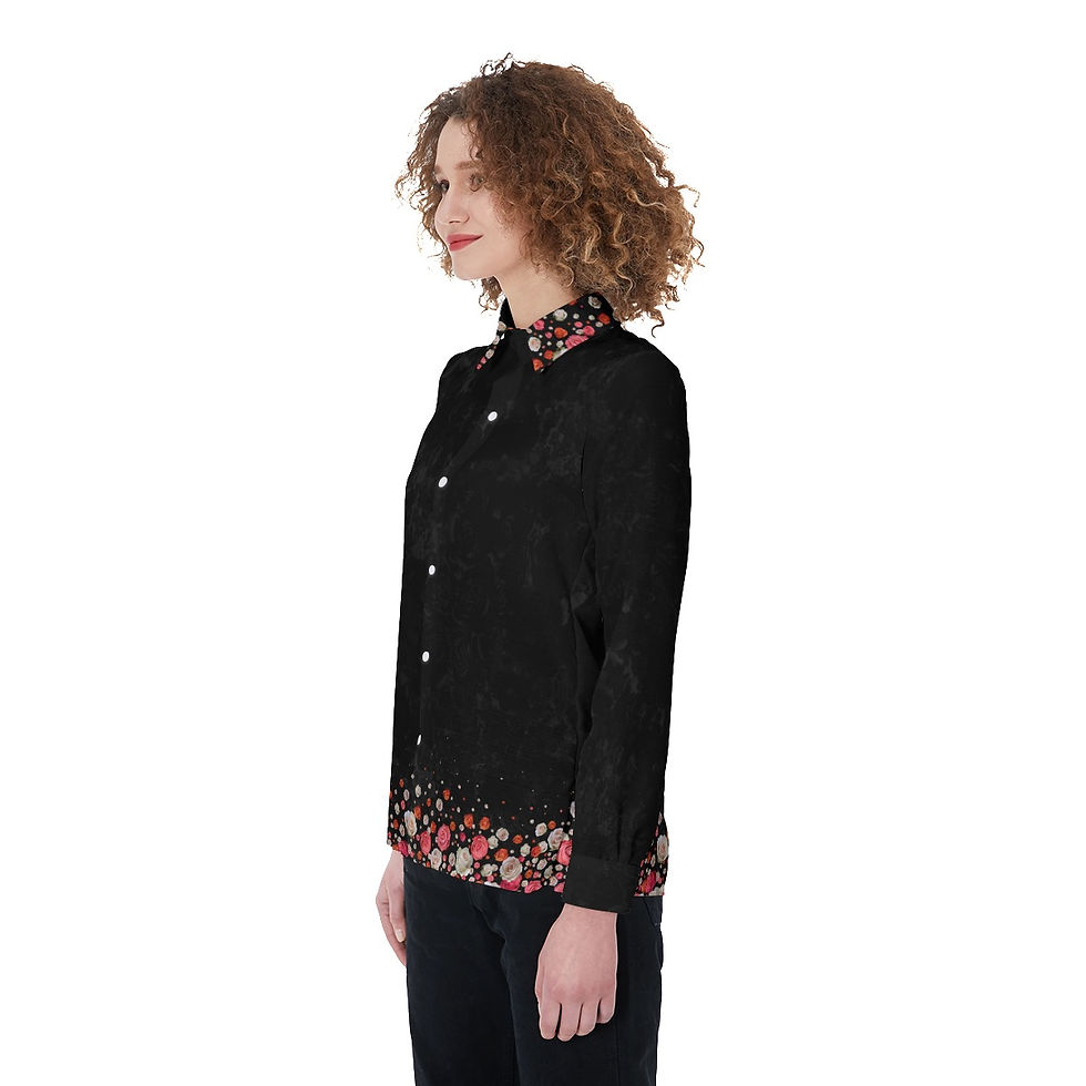 Thumbnail: Gathered Stretch-Back Long Sleeve Button Shirt Roses Black