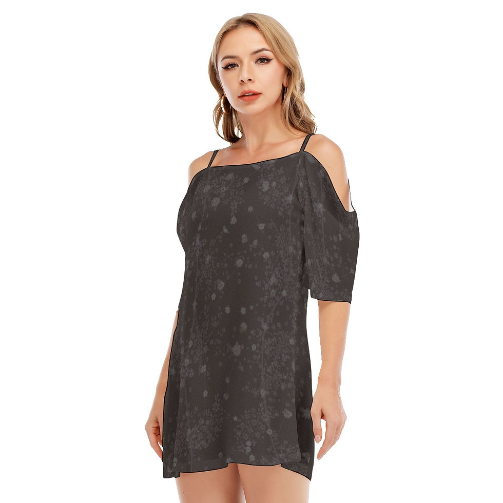 Thumbnail: Off-shoulder Short Dress Dark Mocha Floral Birds Vine Art Print