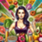 A confident woman in her 30s radiates energy and positivity, surrounded by a colorful array of healthy foods, embodying a balanced and health-conscious lifestyle.