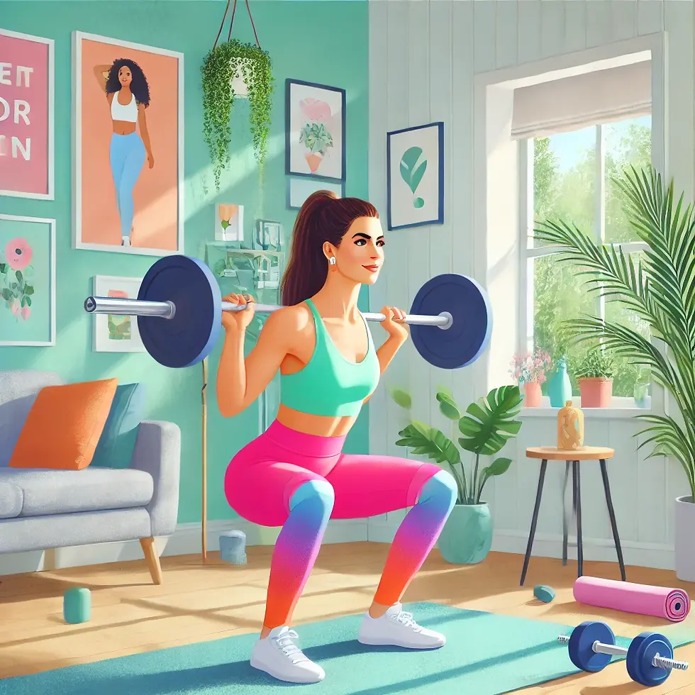 A woman in her 30s performing a barbell squat in a vibrant home gym, surrounded by indoor plants and workout gear. Dressed in colorful athletic wear, she demonstrates focus and good form, embodying strength training for women 30+ in a bright, motivating space.