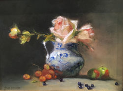 Pink Roses in Blue Pitcher