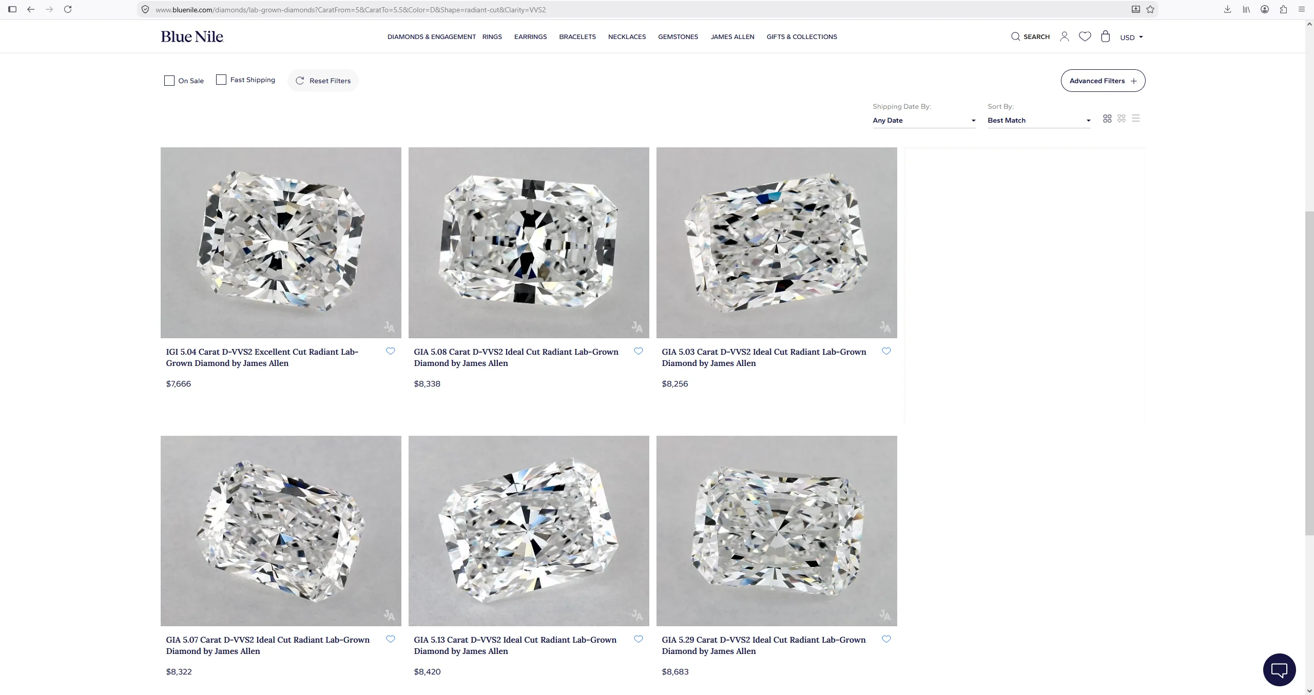 Blue Nile lab-grown 5.03 carat radiant D VVS2 diamond priced at $7,666, captured July 2026