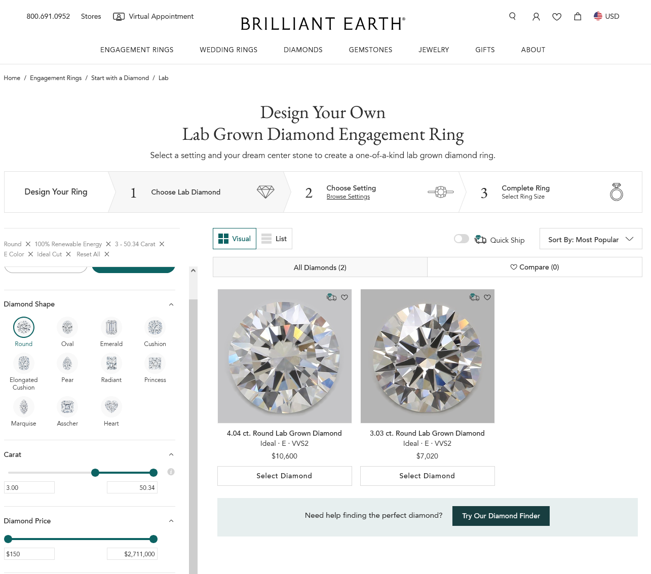 Brilliant Earth lab-grown 4.04 carat round E VVS2 diamond priced at $10,600, captured August 2026