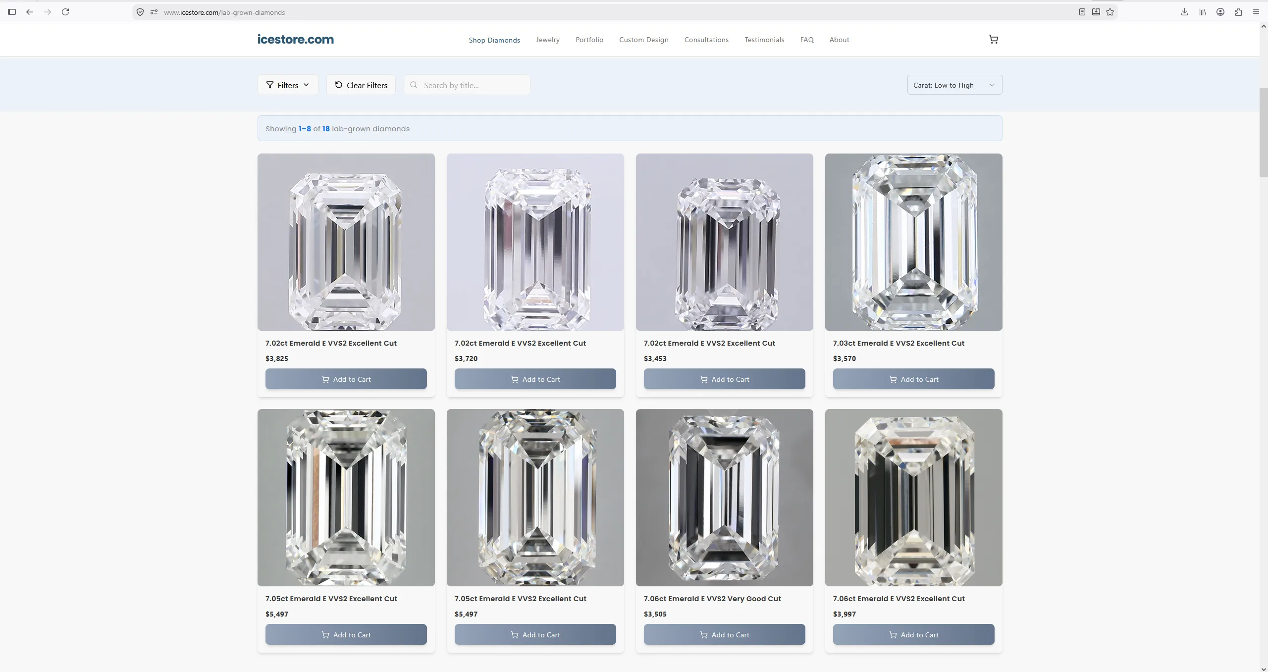 Icestore lab-grown 7.02 carat emerald E VVS2 IGI diamond priced at $3,453, captured July 2026