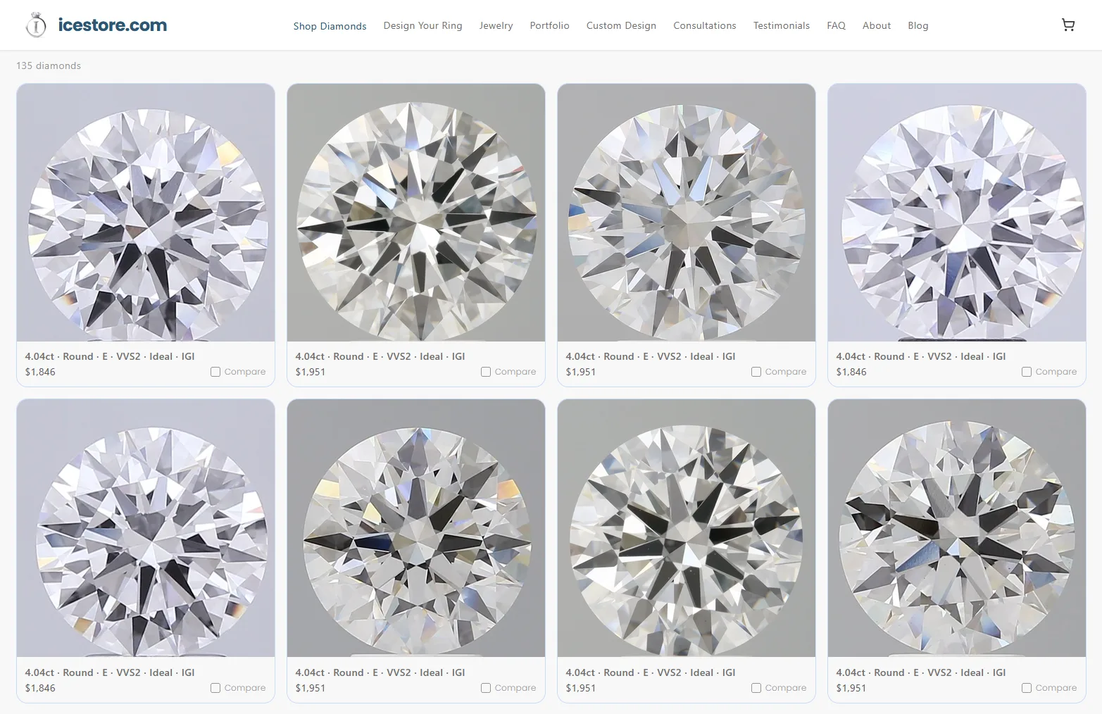 Icestore lab-grown 4.04 carat round E VVS2 IGI Ideal-cut diamonds from $1,846, 135 in stock, August 2026