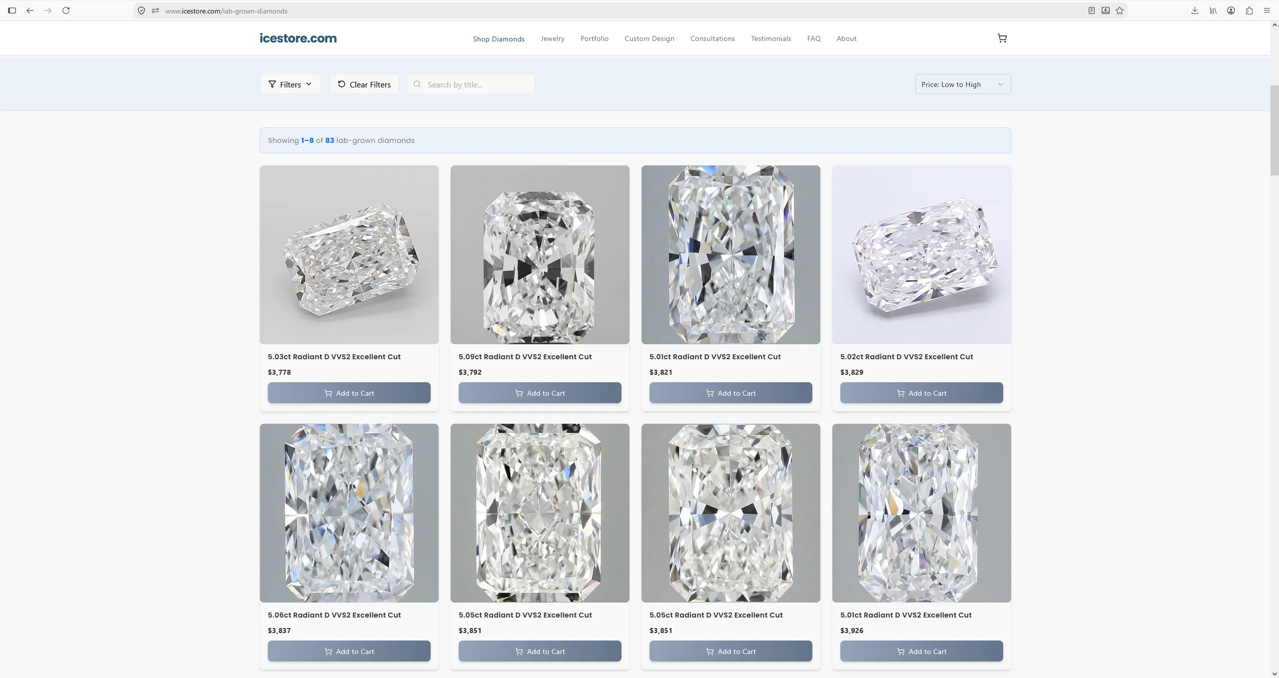 Icestore lab-grown 5.03 carat radiant D VVS2 diamond priced at $3,778, captured July 2026