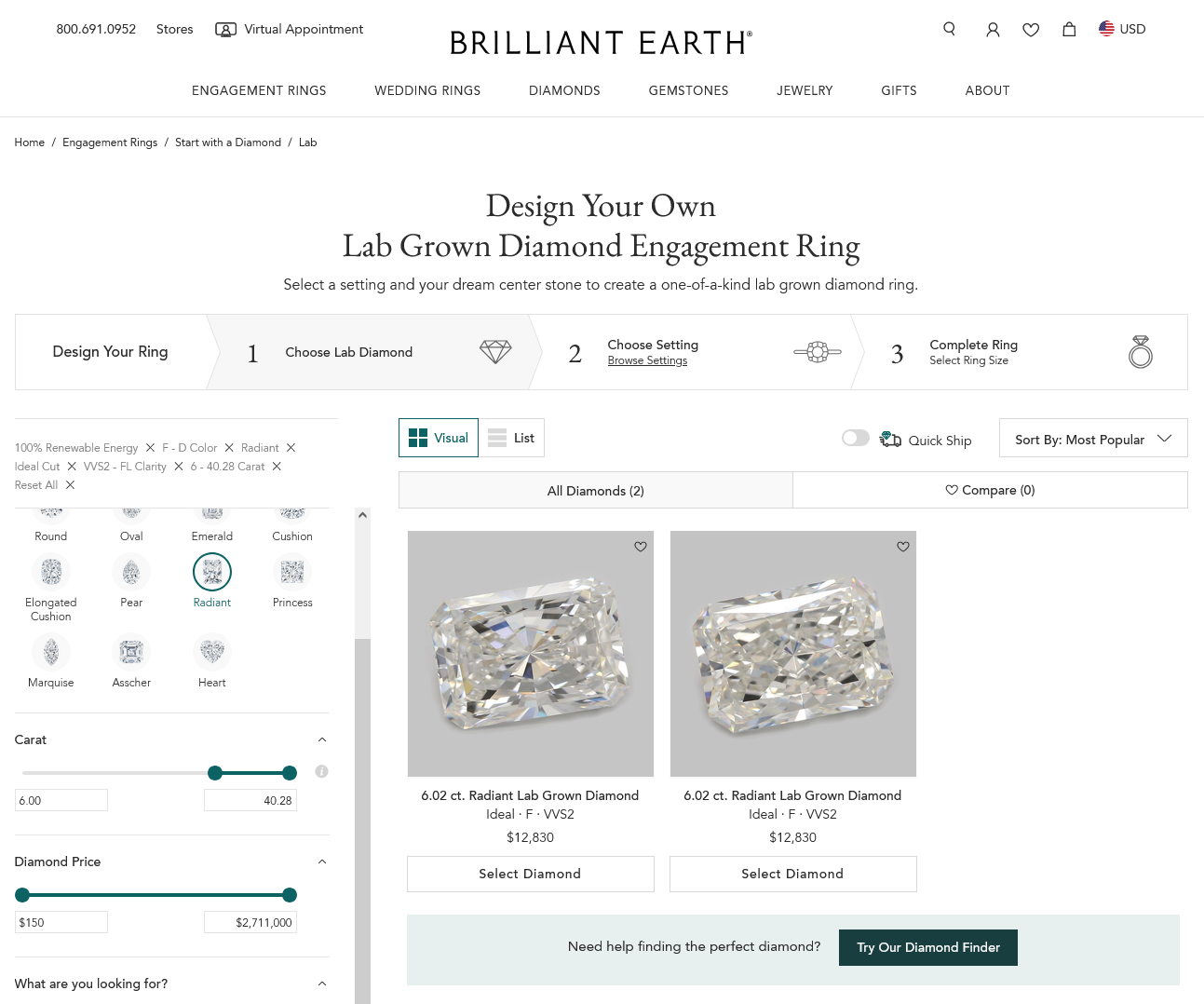Brilliant Earth lab-grown 6.02 carat radiant F VVS2 Ideal diamond at $12,830, captured August 2026