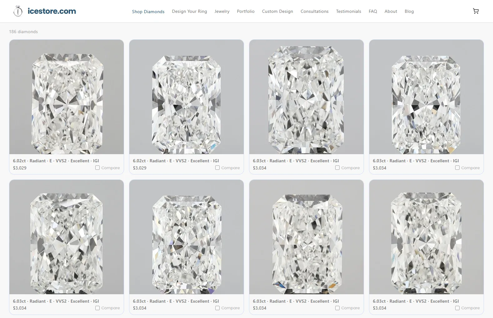 Icestore lab-grown 6.02 carat radiant E VVS2 IGI Excellent-cut diamonds from $3,029, 186 in stock, August 2026