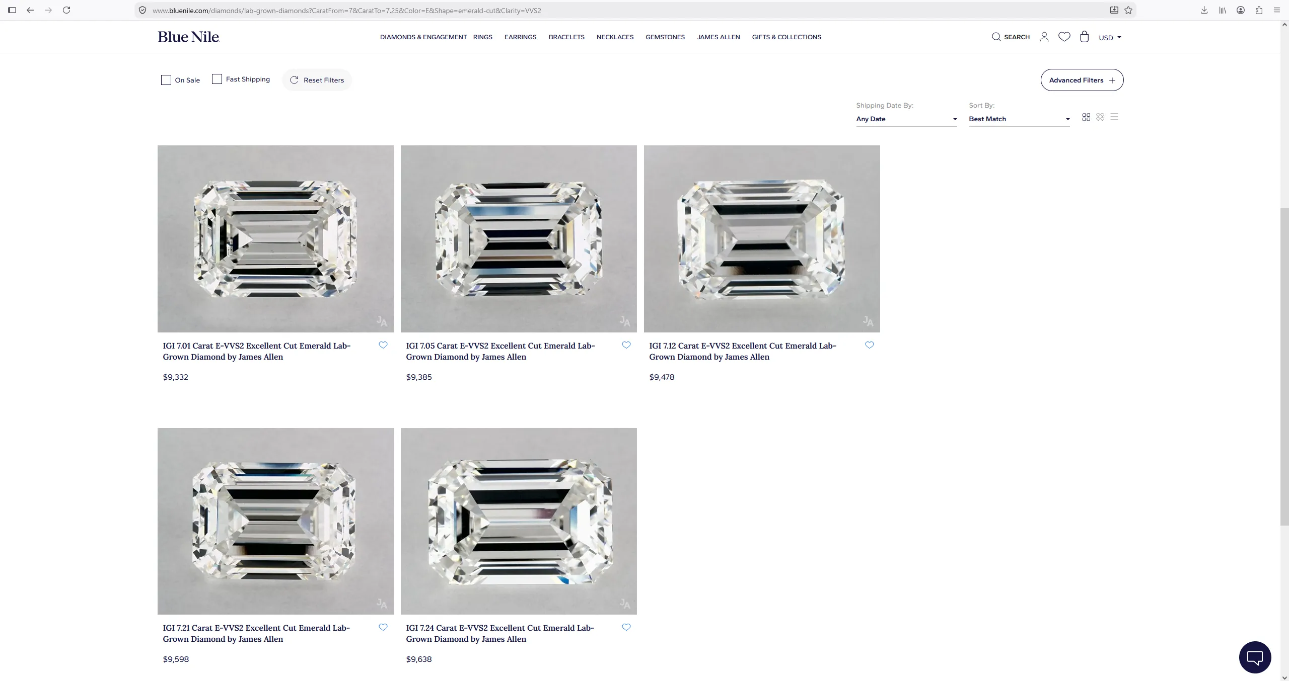Blue Nile lab-grown 7.02 carat emerald E VVS2 IGI diamond priced at $9,332, captured July 2026