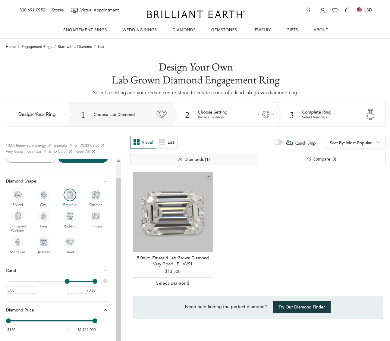 Brilliant Earth lab-grown 5.06 carat emerald E VVS1 Very Good-cut diamond at $13,500, captured August 2026