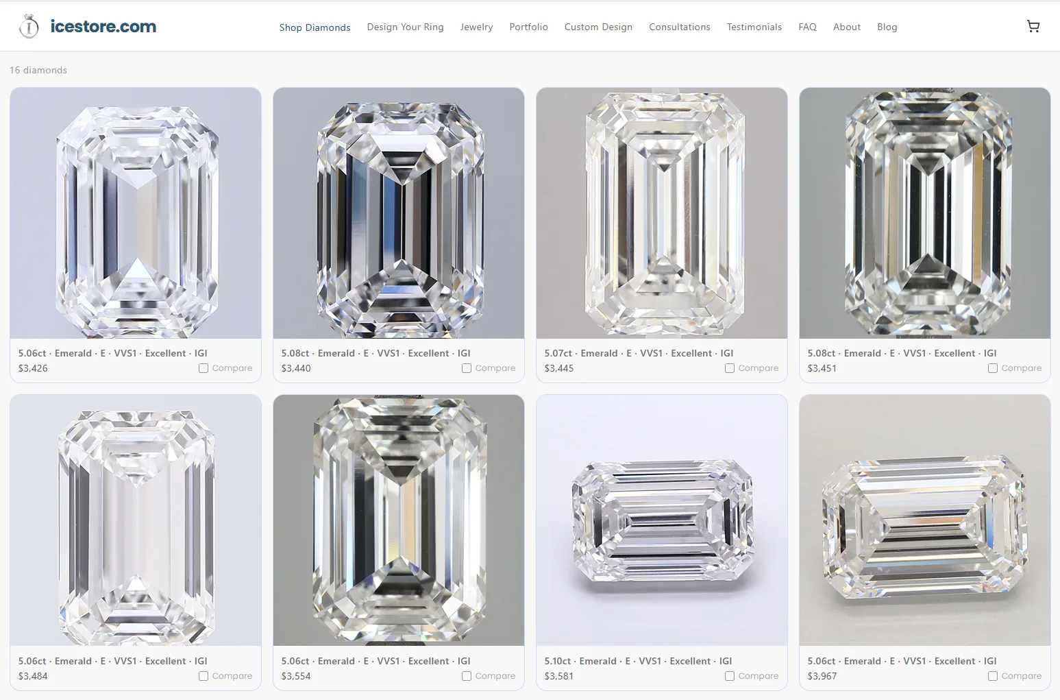 Icestore lab-grown 5.06 carat emerald E VVS1 IGI Excellent-cut diamonds from $3,426, 16 in stock, August 2026