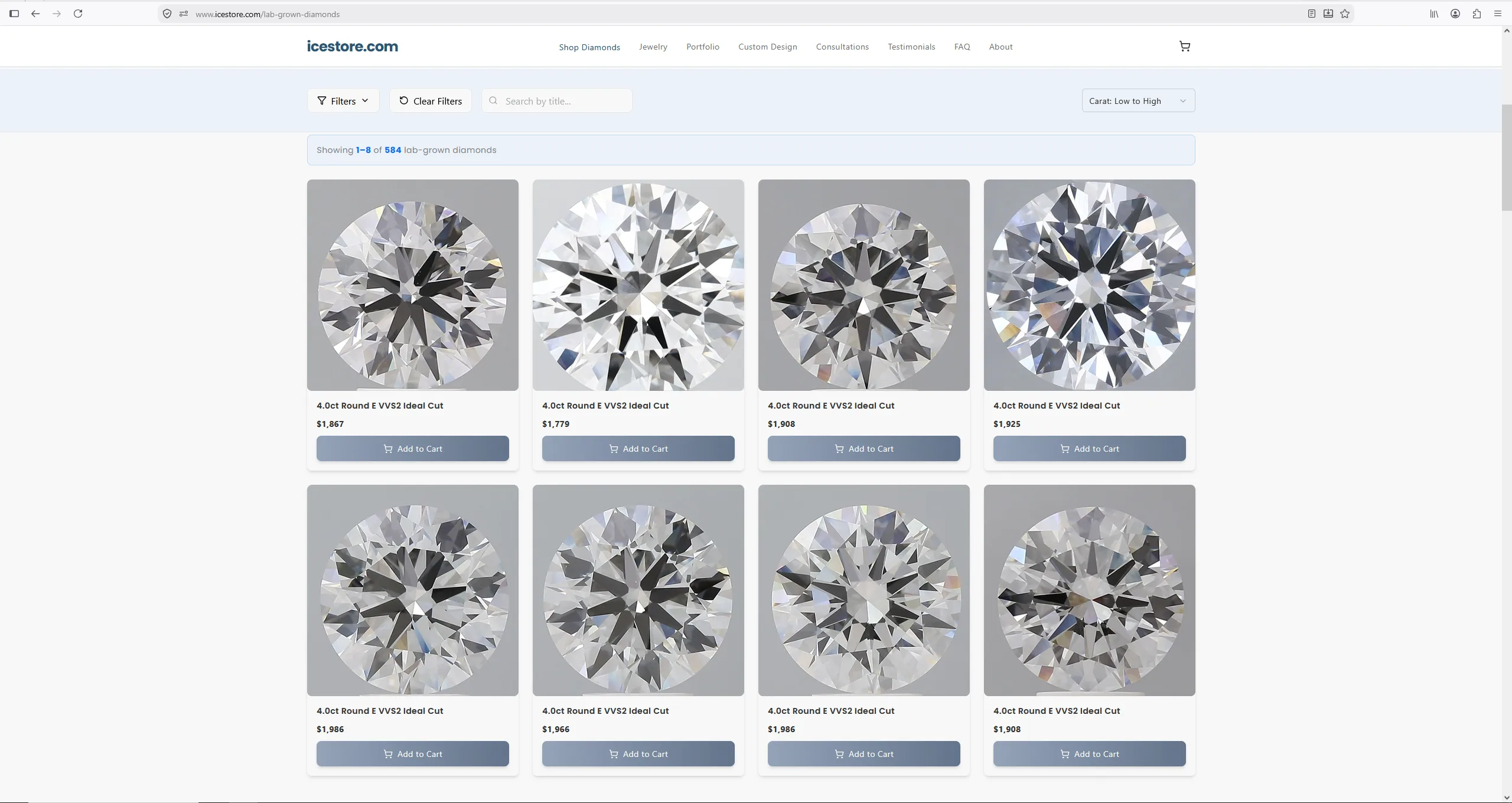 Icestore lab-grown 4.00 carat round E VVS2 IGI diamond priced at $1,779, captured July 2026