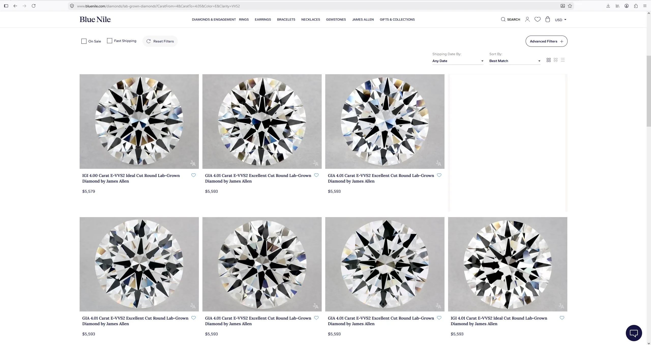 Blue Nile lab-grown 4.00 carat round E VVS2 IGI diamond priced at $5,579, captured July 2026