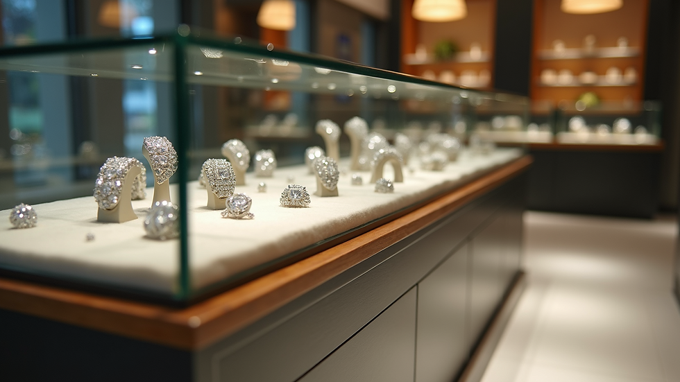 Eye-level view of a diamond display case in a retail store