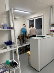 Ein Hund beim Training in einer Tierarztpraxis