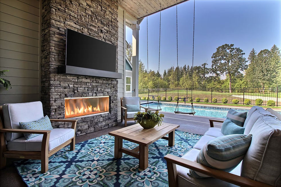 Heat & Glo Lanai outdoor gas fireplace on a covered patio