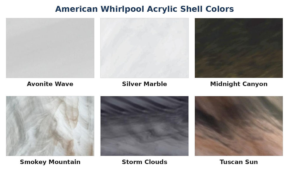 American Whirlpool acrylic shell colors: Avonite Wave, Silver Marble, Midnight Canyon, Smokey Mountain, Storm Clouds and Tuscan Sun