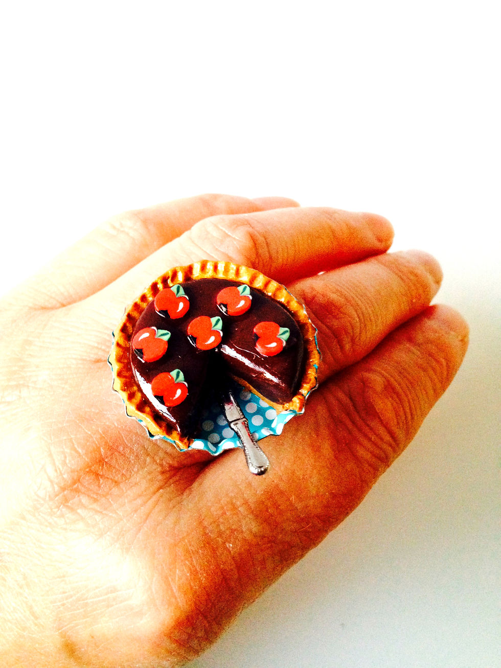 Thumbnail: Bague tarte CHOCOLAT POMMES miniature moule pois bleu turquoise