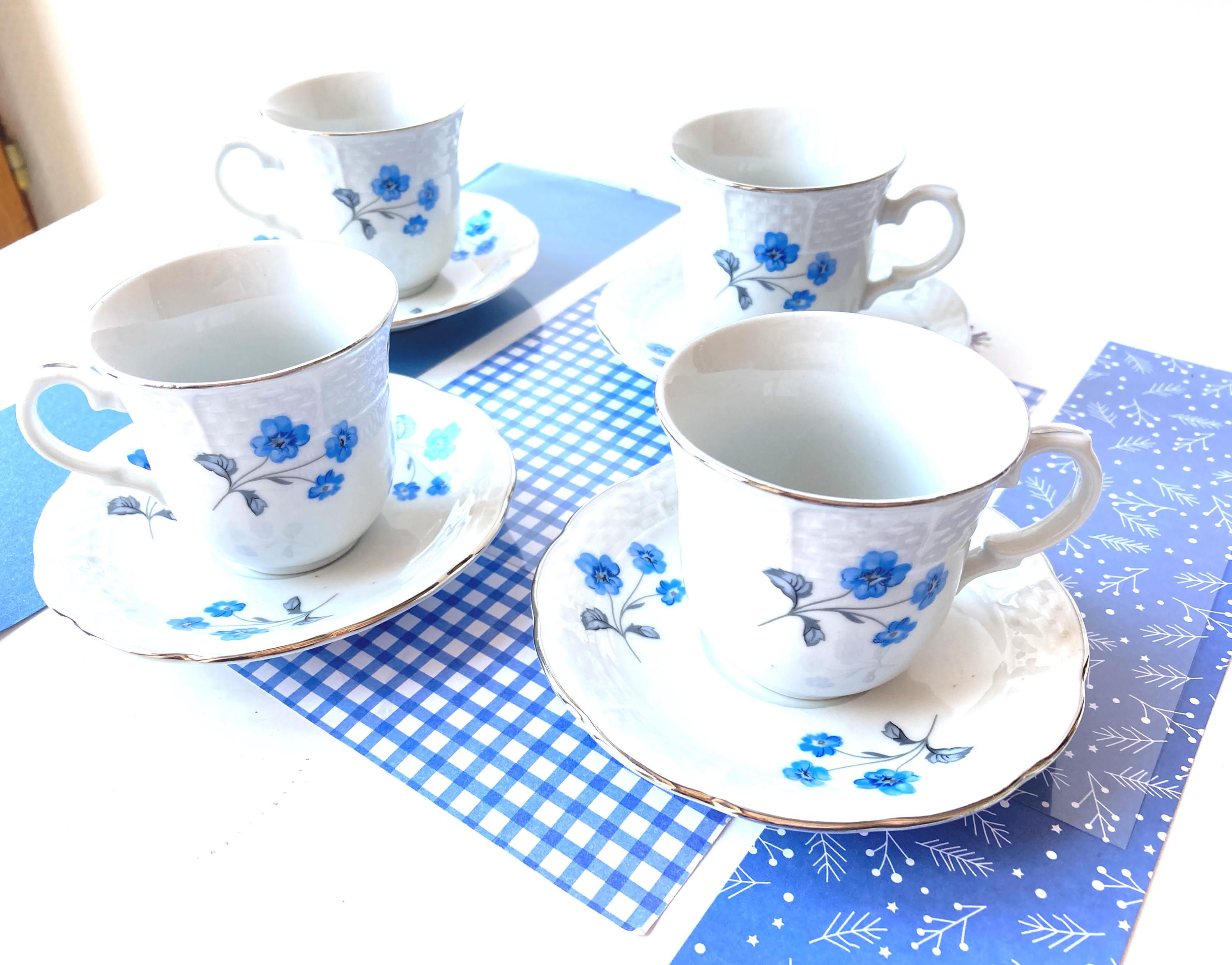 Tasses à thé café fleurs bleues x 4 porcelaine fine Bohème Thun Tchécos
