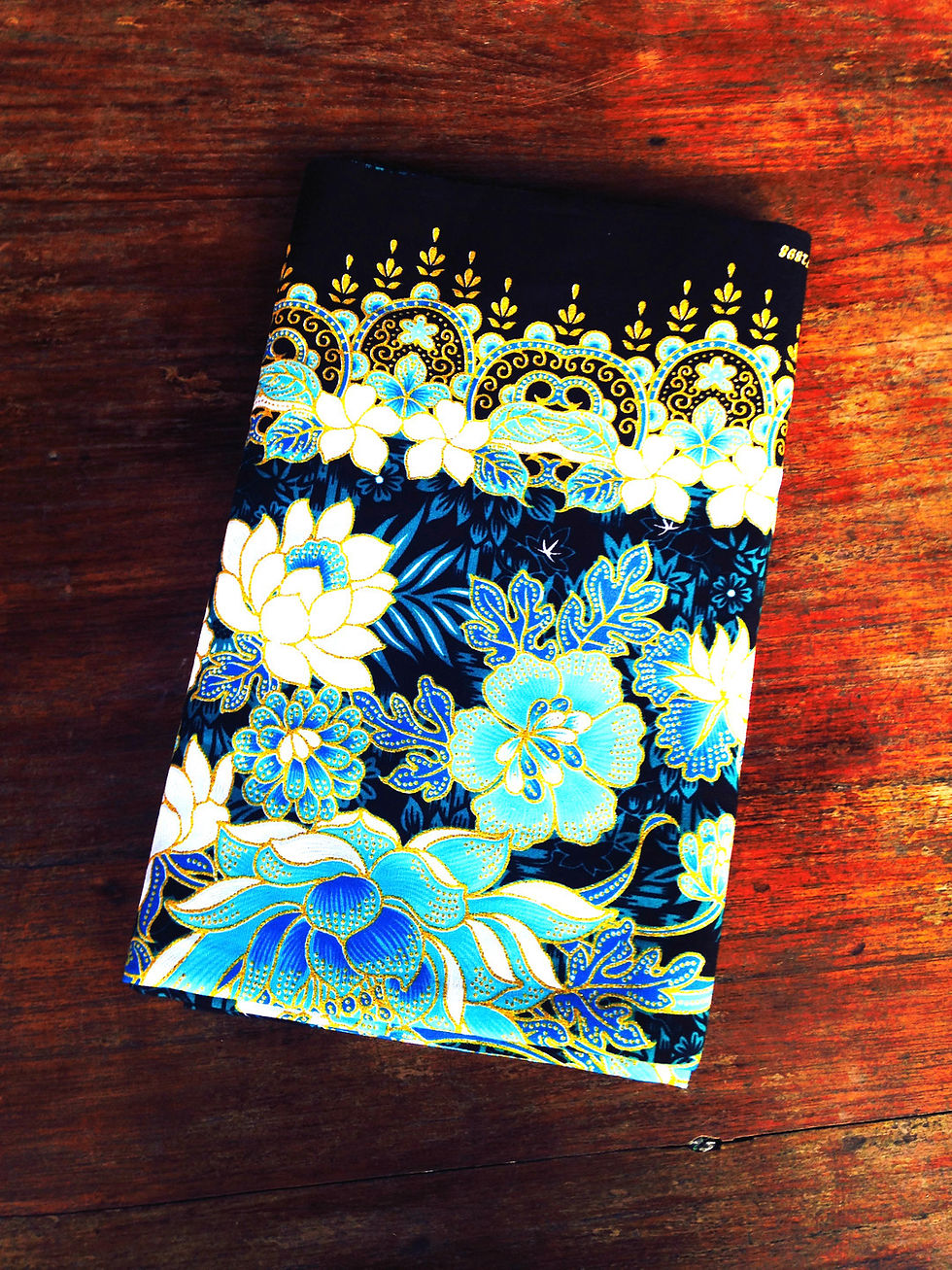 Miniature : Batik Indonésien noir et bleu turquoise luxe reliefs dorures pailletées 2 yar